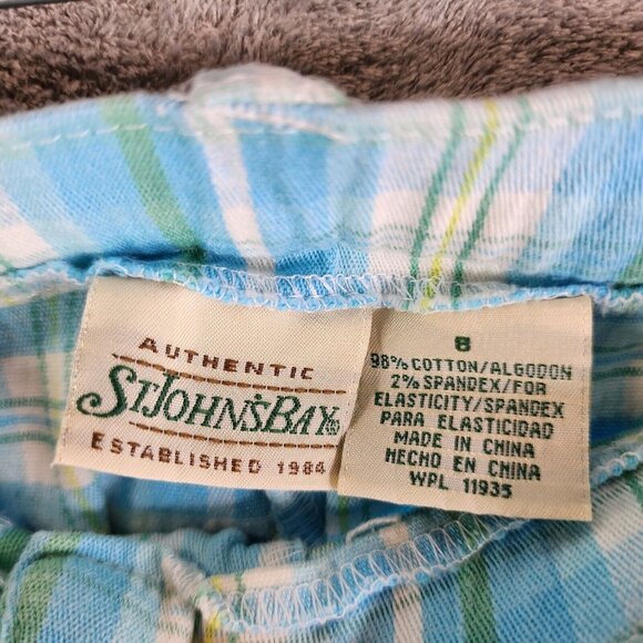 Womens St John's Bay Capris Pants Stretch Blue White Green Plaid Hi Rise Size 8 - Picture 5 of 11